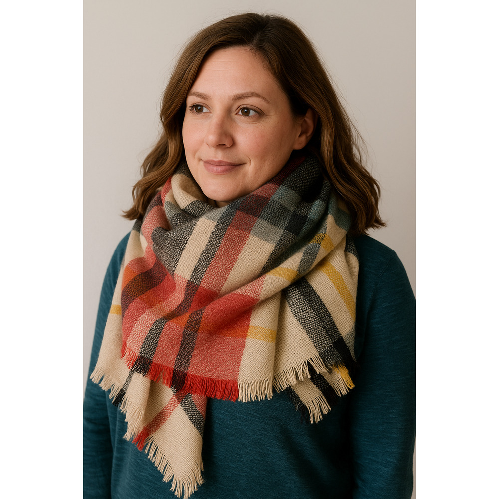 Essential Fall Red Plaid Oversized Blanket Fringe Scarf Size 52"x52"‎